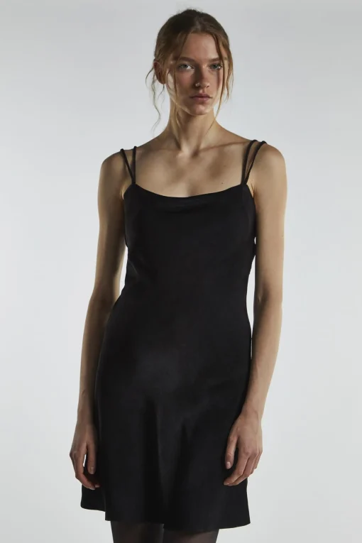 Glamorous Day Dresses|Party Dresses|Black Satin Strappy Mini-Dress -