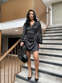 Glamorous Party Dresses|Going Out Dresses|Black Satin Wrap Mini-Dress -