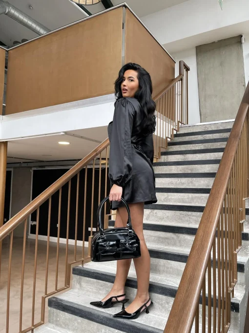 Glamorous Party Dresses|Going Out Dresses|Black Satin Wrap Mini-Dress -