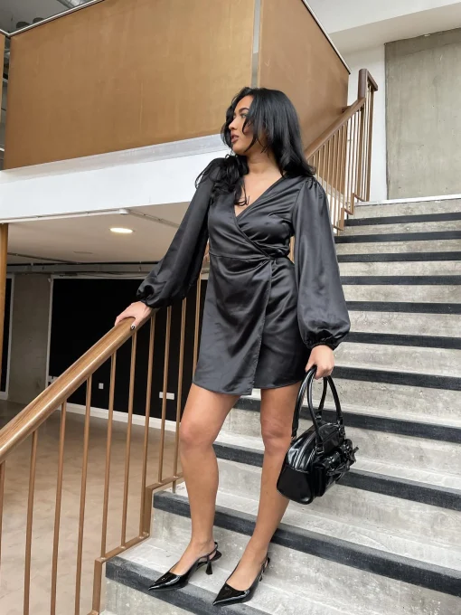Glamorous Party Dresses|Going Out Dresses|Black Satin Wrap Mini-Dress -