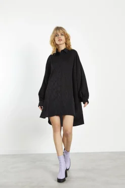 Glamorous Day Dresses|Party Dresses|Black Satin-Jacquard Shirt-Dress -