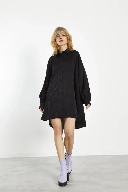Glamorous Day Dresses|Party Dresses|Black Satin-Jacquard Shirt-Dress -
