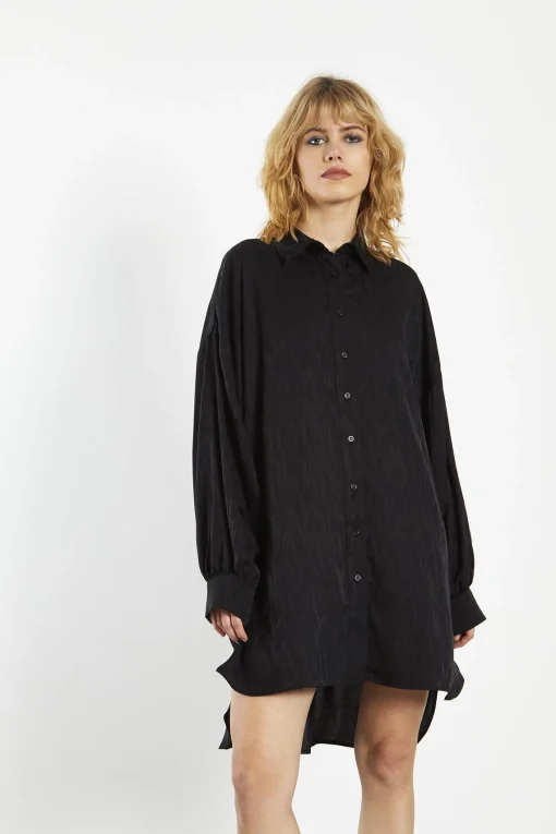 Glamorous Day Dresses|Party Dresses|Black Satin-Jacquard Shirt-Dress -