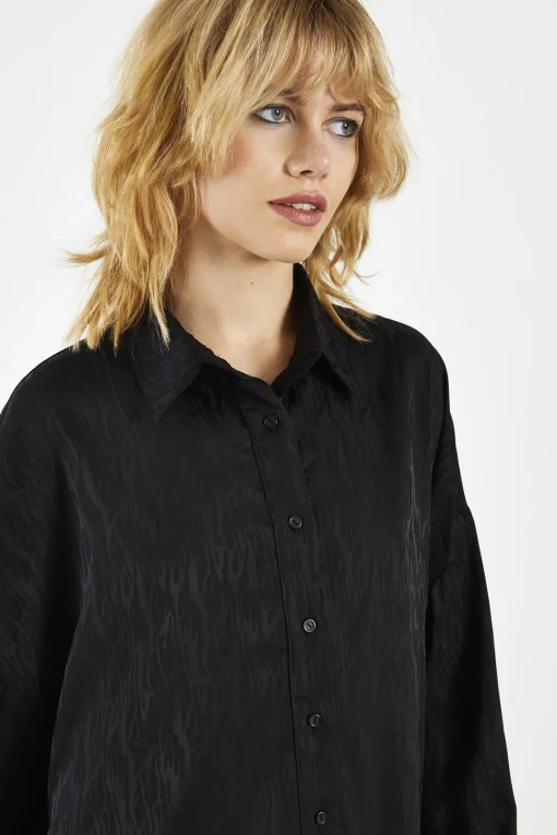 Glamorous Day Dresses|Party Dresses|Black Satin-Jacquard Shirt-Dress -