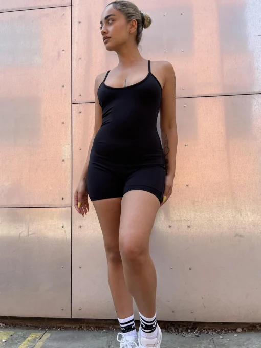 Glamorous Activewear|Black Scoop-Neck Short-Unitard -