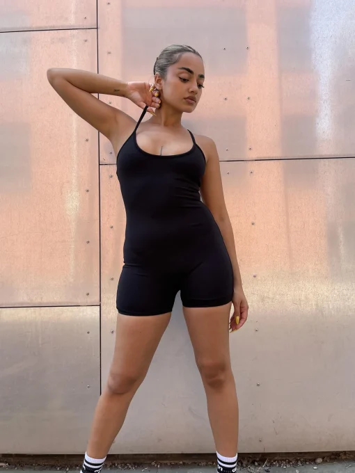 Glamorous Activewear|Black Scoop-Neck Short-Unitard -