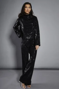 Glamorous Blouses & Shirts|Black Sequin High-Neck Long Sleeve Blouse -