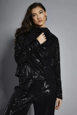 Glamorous Blouses & Shirts|Black Sequin High-Neck Long Sleeve Blouse -