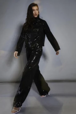 Glamorous Blouses & Shirts|Black Sequin High-Neck Long Sleeve Blouse -