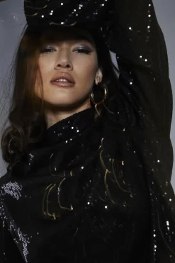 Glamorous Blouses & Shirts|Black Sequin High-Neck Long Sleeve Blouse -