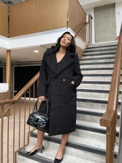 Glamorous Coats|Black Teddy-Fur Longline-Coat -