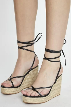Glamorous Heels|Black Thin Lace Up Heeled Wedges -