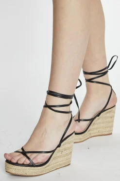 Glamorous Heels|Black Thin Lace Up Heeled Wedges -
