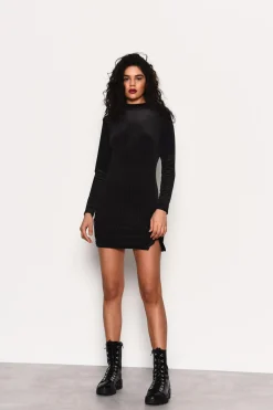 Glamorous Party Dresses|Going Out Dresses|Black Velvet-Rib High-Neck Mini-Dress -