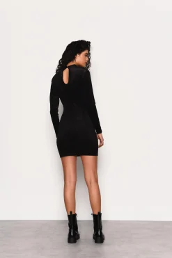 Glamorous Party Dresses|Going Out Dresses|Black Velvet-Rib High-Neck Mini-Dress -