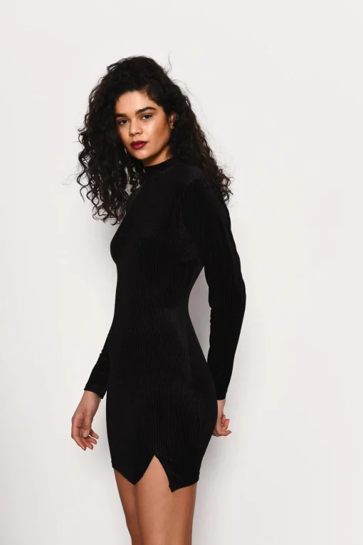 Glamorous Party Dresses|Going Out Dresses|Black Velvet-Rib High-Neck Mini-Dress -