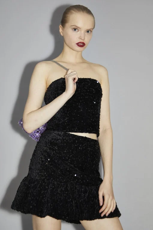 Glamorous Going Out Tops|Co-ords|Black Velvet-Sequin Bandeau Crop-Top -