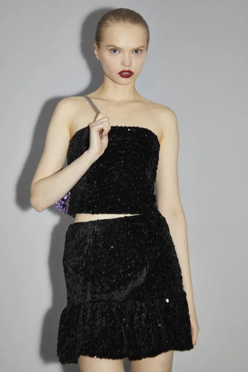 Glamorous Going Out Skirts|Co-ords|Black Velvet-Sequin Puffball Mini-Skirt -