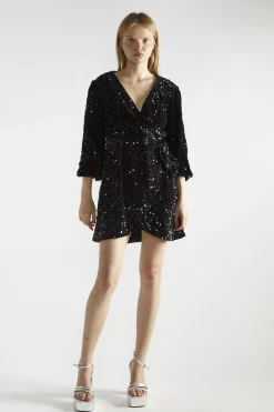 Glamorous Party Dresses|Going Out Dresses|Black Velvet-Sequin Wrap Mini-Dress -