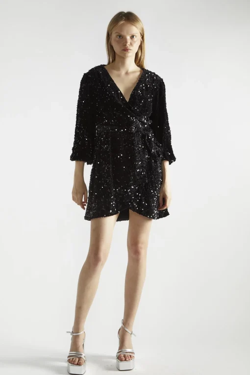 Glamorous Party Dresses|Going Out Dresses|Black Velvet-Sequin Wrap Mini-Dress -