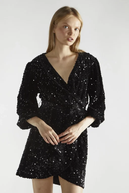 Glamorous Party Dresses|Going Out Dresses|Black Velvet-Sequin Wrap Mini-Dress -