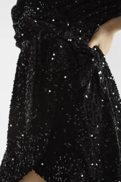 Glamorous Party Dresses|Going Out Dresses|Black Velvet-Sequin Wrap Mini-Dress -