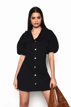 Glamorous Mini Dresses|Mini Dresses|Black V-Neck Button Front Mini-Dress -