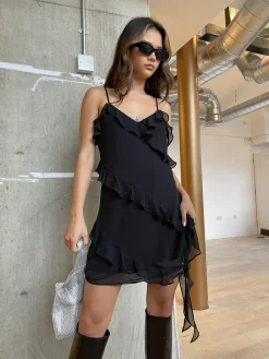 Glamorous Party Dresses|Going Out Dresses|Black Waterfall Ruffle Mini-Dress -