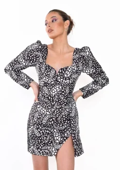 Glamorous Day Dresses|Satin Dresses|Black White Abstract Mono Satin Long Sleeve Mini Dress -