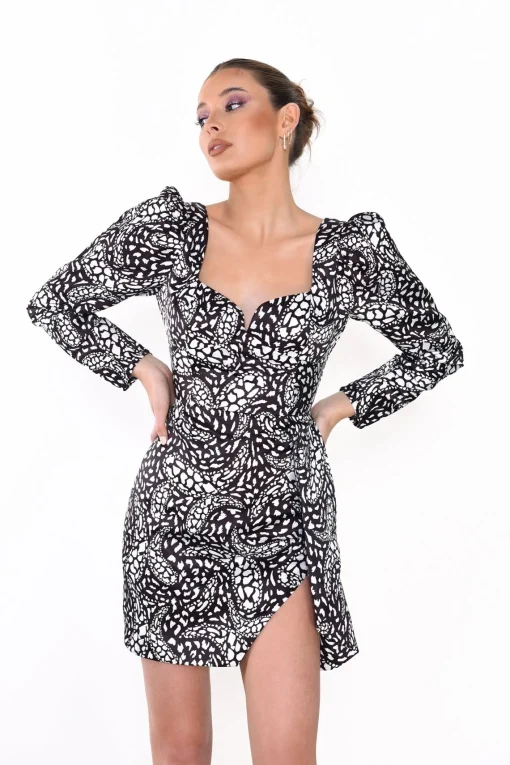 Glamorous Day Dresses|Satin Dresses|Black White Abstract Mono Satin Long Sleeve Mini Dress -