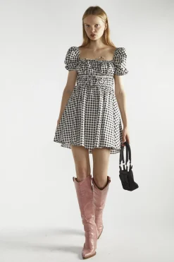 Glamorous Day Dresses|Mini Dresses|Black White Gingham-Print Skater Mini-Dress -