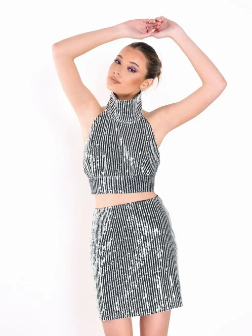 Glamorous Going Out Tops|Crops, Corsets & Bodysuits|Black White Sequin High Neck Backless Crop Top -