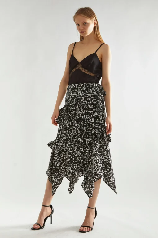 Glamorous Midi & Midaxi Skirts|Black-Animal Spot Asymmetric Ruffle Midi-Skirt -
