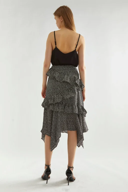 Glamorous Midi & Midaxi Skirts|Black-Animal Spot Asymmetric Ruffle Midi-Skirt -
