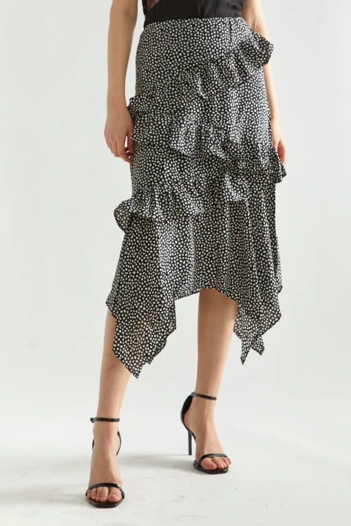 Glamorous Midi & Midaxi Skirts|Black-Animal Spot Asymmetric Ruffle Midi-Skirt -