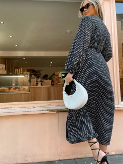 Glamorous Workwear|Day Dresses|Black-Blur Dot Long Sleeve Wrap Midi-dress -