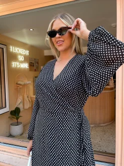 Glamorous Workwear|Day Dresses|Black-Blur Dot Long Sleeve Wrap Midi-dress -