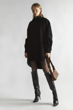 Glamorous Day Dresses|Black-Corduroy Hi-Low Shirt-Dress -