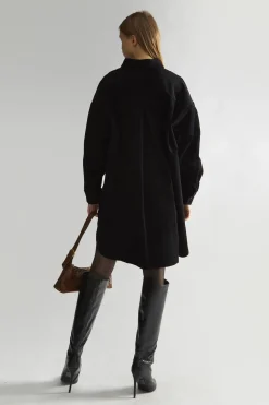 Glamorous Day Dresses|Black-Corduroy Hi-Low Shirt-Dress -