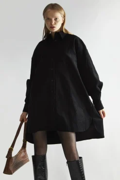 Glamorous Day Dresses|Black-Corduroy Hi-Low Shirt-Dress -