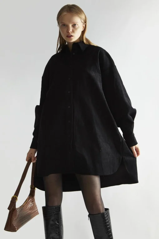 Glamorous Day Dresses|Black-Corduroy Hi-Low Shirt-Dress -