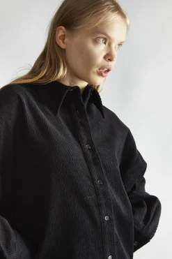 Glamorous Day Dresses|Black-Corduroy Hi-Low Shirt-Dress -