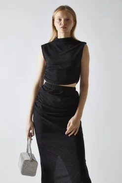 Glamorous Going Out Tops|Co-ords|Black-Glitter High-neck Crop-Top -