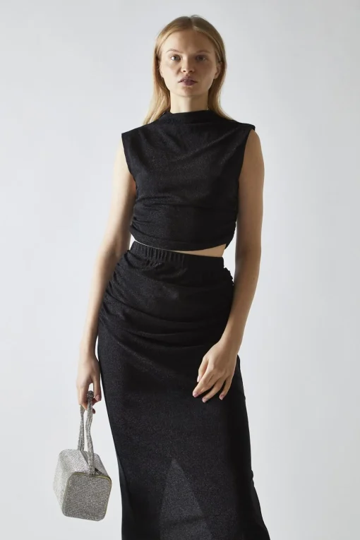 Glamorous Going Out Tops|Co-ords|Black-Glitter High-neck Crop-Top -
