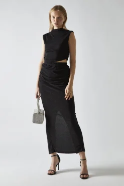 Glamorous Going Out Skirts|Co-ords|Black-Glitter Ruched Midaxi-Skirt -