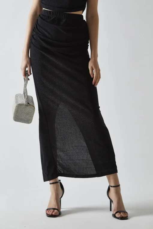 Glamorous Going Out Skirts|Co-ords|Black-Glitter Ruched Midaxi-Skirt -