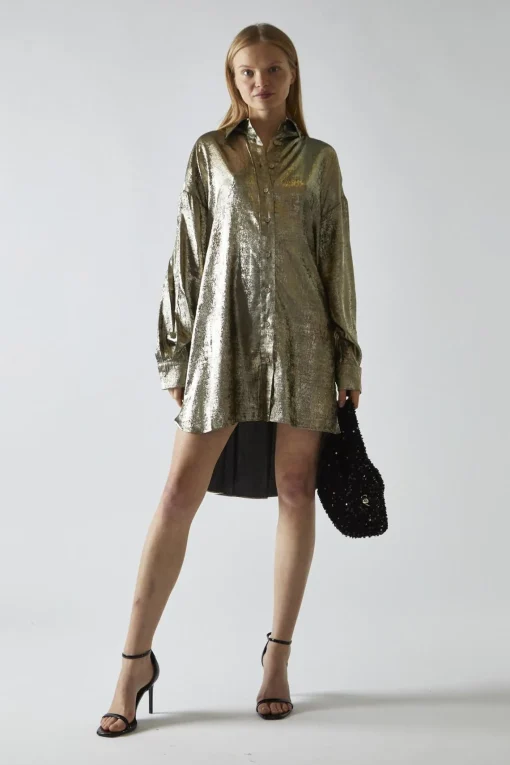 Glamorous Day Dresses|Party Dresses|Black-Gold Metallic Hi-Low Shirt-Dress -