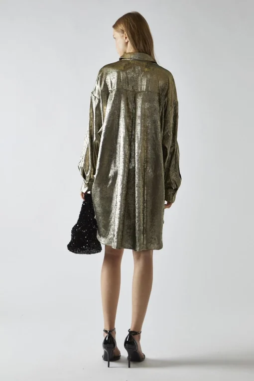 Glamorous Day Dresses|Party Dresses|Black-Gold Metallic Hi-Low Shirt-Dress -