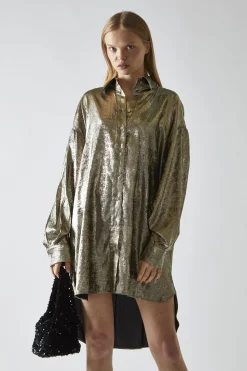 Glamorous Day Dresses|Party Dresses|Black-Gold Metallic Hi-Low Shirt-Dress -