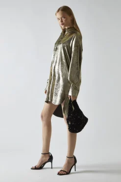 Glamorous Day Dresses|Party Dresses|Black-Gold Metallic Hi-Low Shirt-Dress -